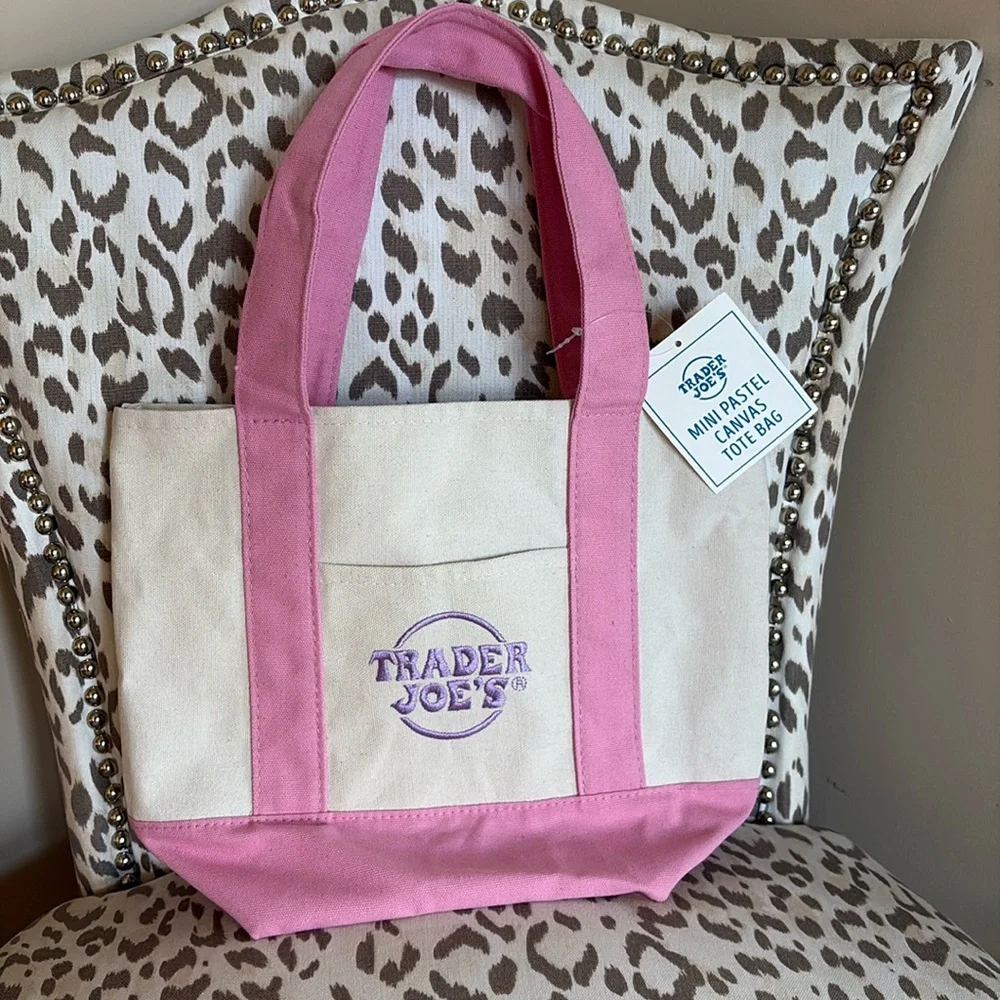 NWT Trader Joe’s Customized With Bow, Pink Mini Pastel Canvas Tote Bag - Picture 3 of 6
